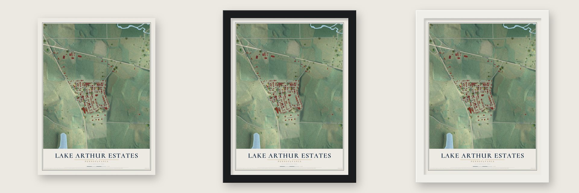 Lake Arthur Estates, Pennsylvania map unframed, in a black wood frame and in a white wood frame