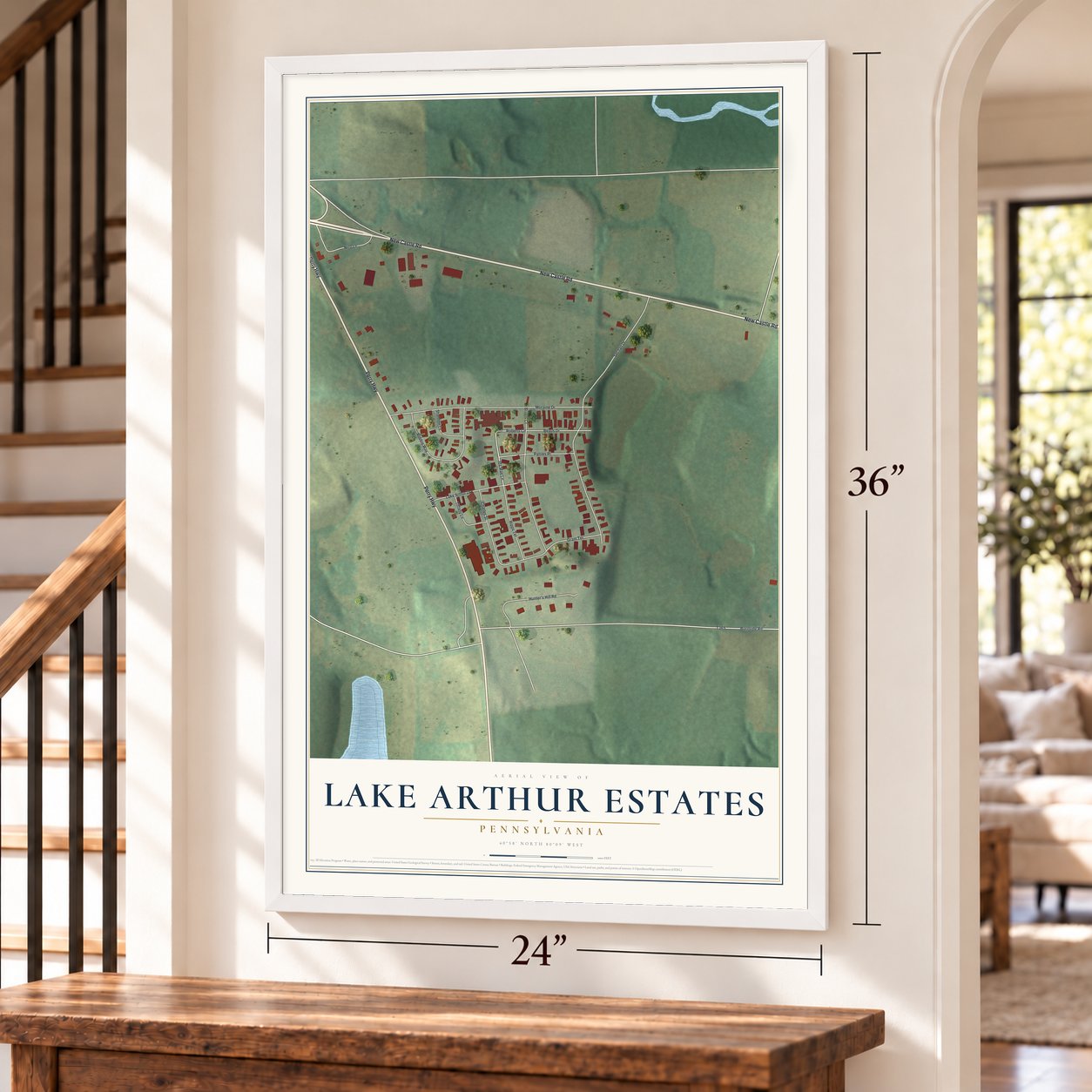 Lake Arthur Estates, Pennsylvania map, 24 x 36 inch print in a white frame by a staircase