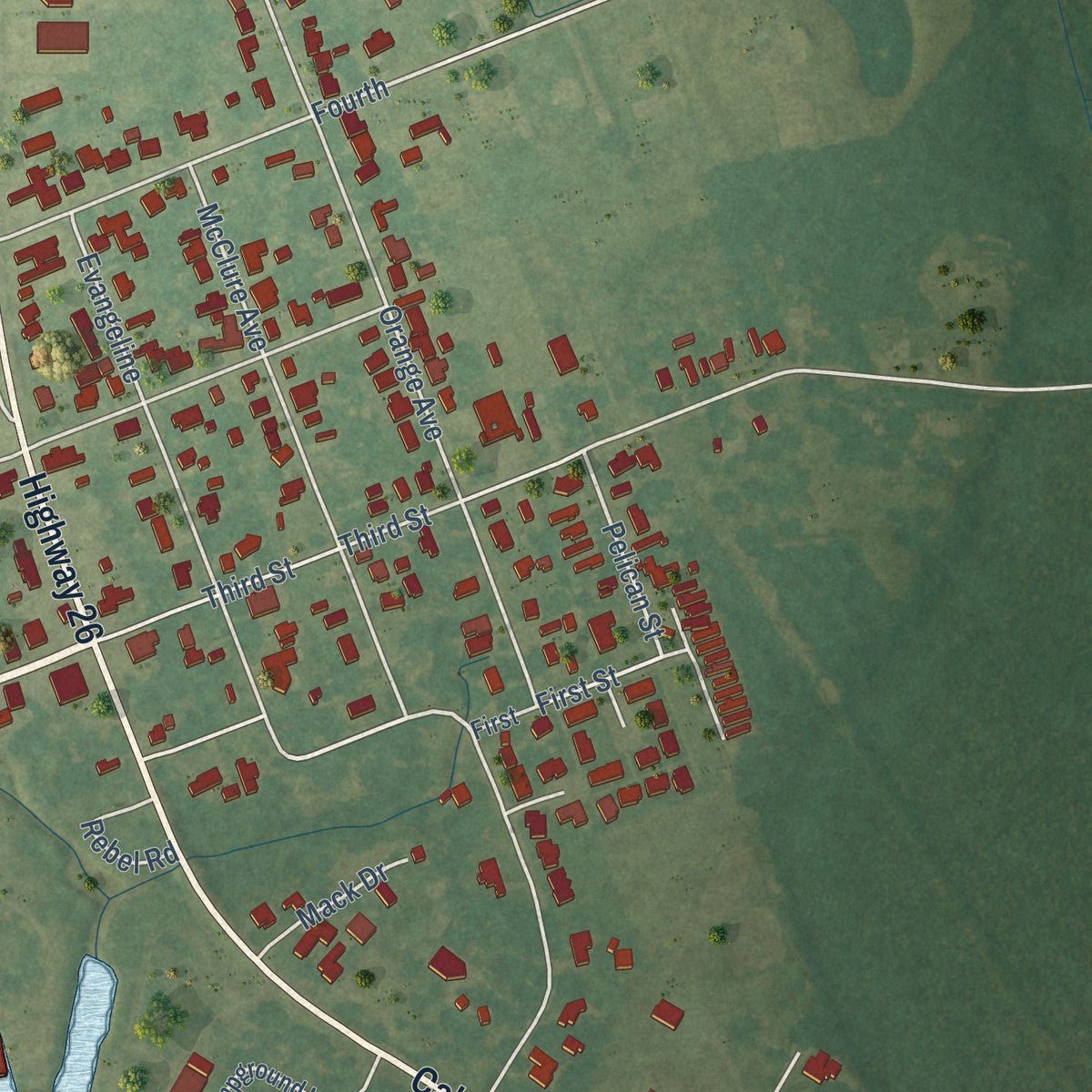 Second close-up of the map of Lake Arthur, Louisiana print showing more streets and buildings