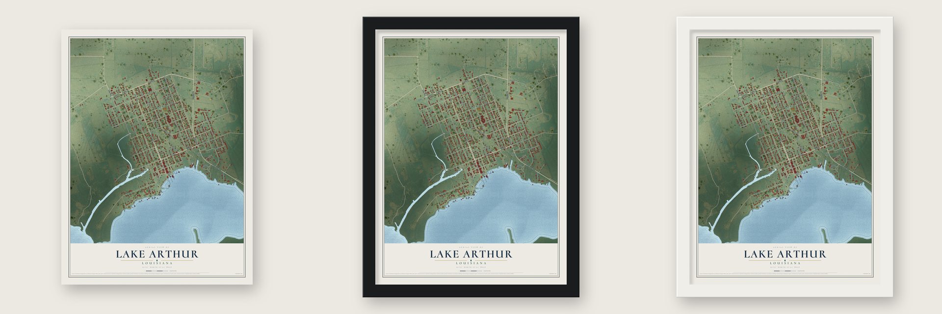 Lake Arthur, Louisiana map unframed, in a black wood frame and in a white wood frame