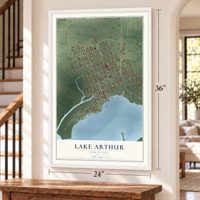 Lake Arthur, Louisiana map, 24 x 36 inch print in a white frame by a staircase