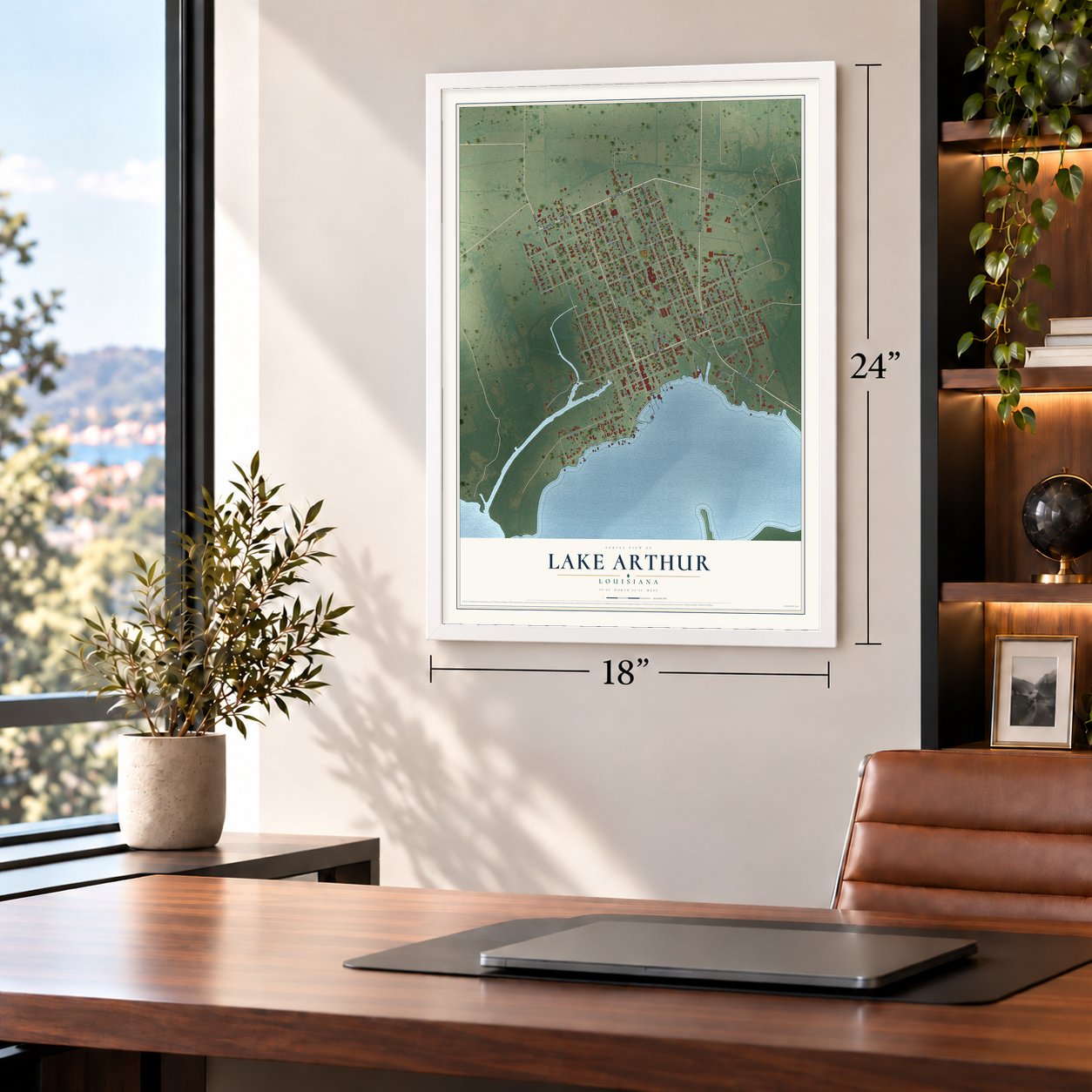 Lake Arthur, Louisiana map, 18 x 24 inch print in a white frame in a home office