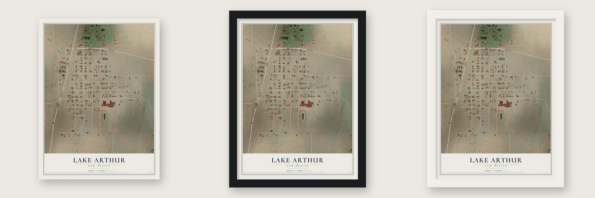 Lake Arthur, New Mexico map unframed, in a black wood frame and in a white wood frame