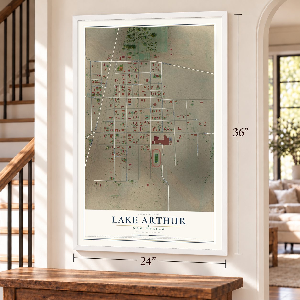 Lake Arthur, New Mexico map, 24 x 36 inch print in a white frame by a staircase