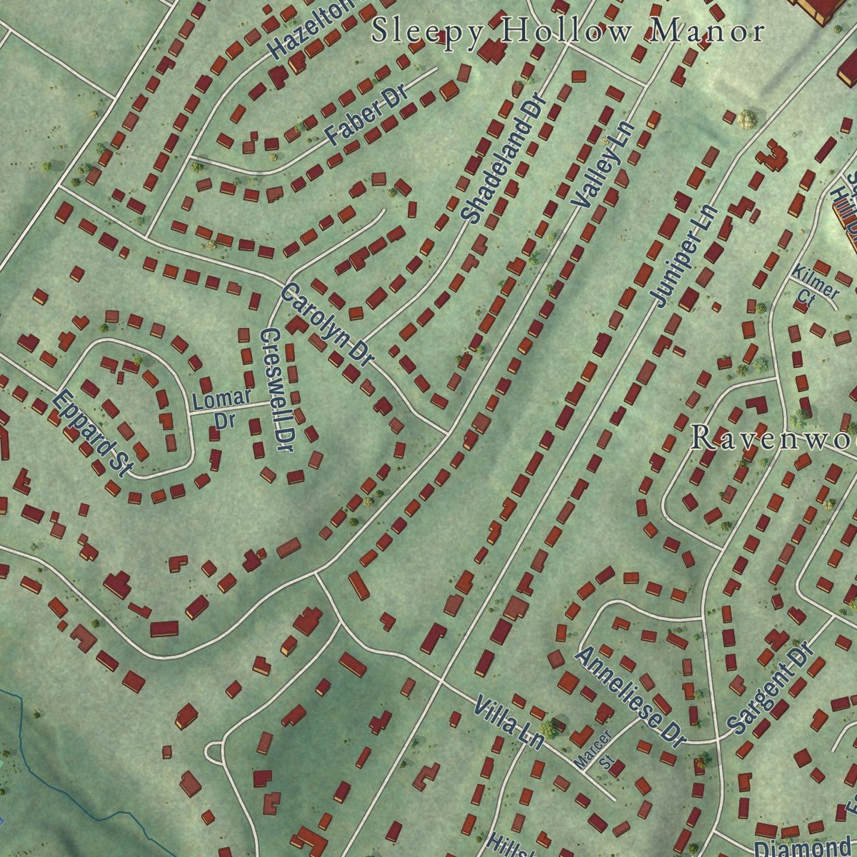 Second close-up of the map of Lake Barcroft, Virginia print showing more streets and buildings