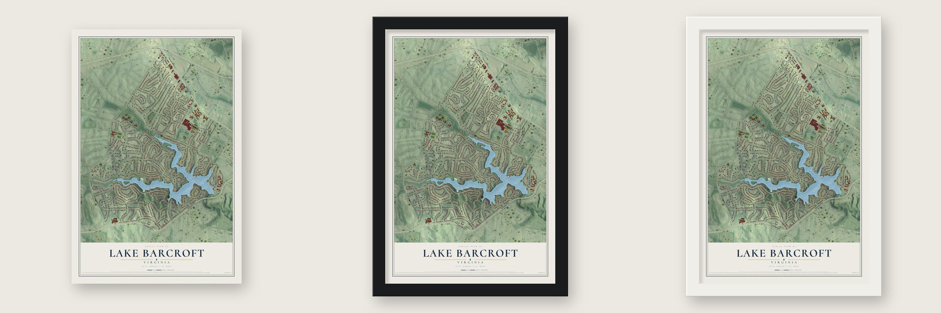 Lake Barcroft, Virginia map unframed, in a black wood frame and in a white wood frame