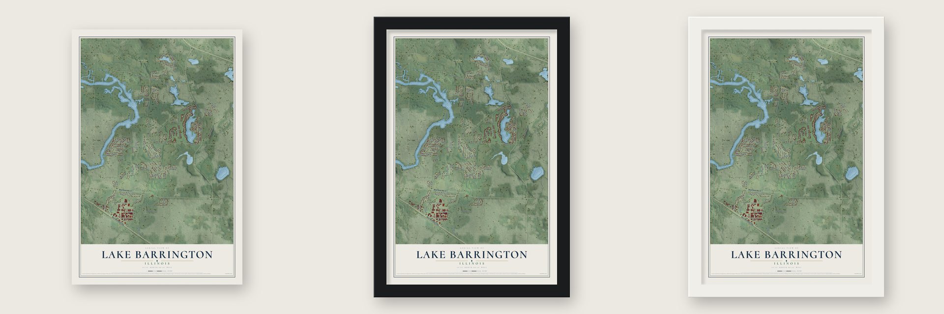 Lake Barrington, Illinois map unframed, in a black wood frame and in a white wood frame