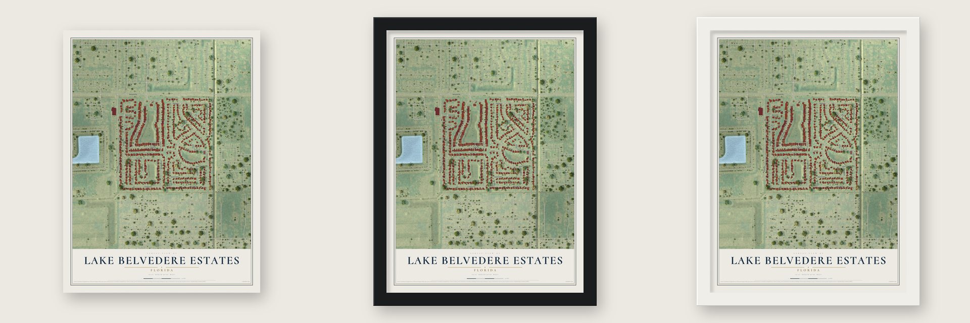 Lake Belvedere Estates, Florida map unframed, in a black wood frame and in a white wood frame