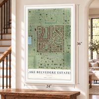 Lake Belvedere Estates, Florida map, 24 x 36 inch print in a white frame by a staircase