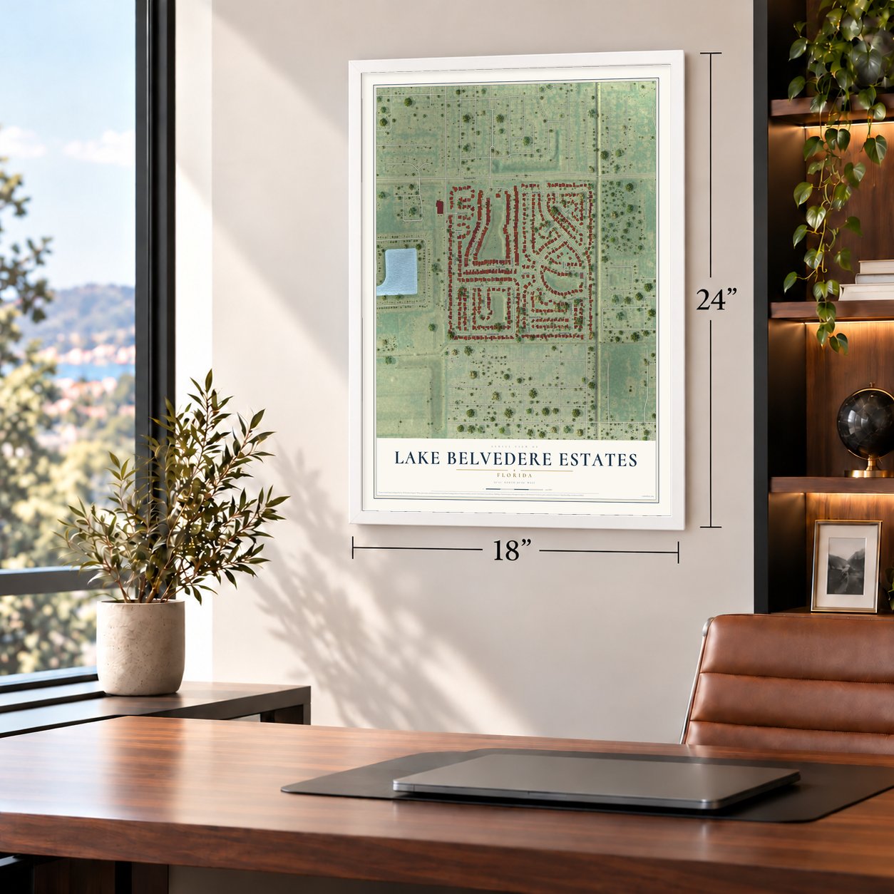 Lake Belvedere Estates, Florida map, 18 x 24 inch print in a white frame in a home office