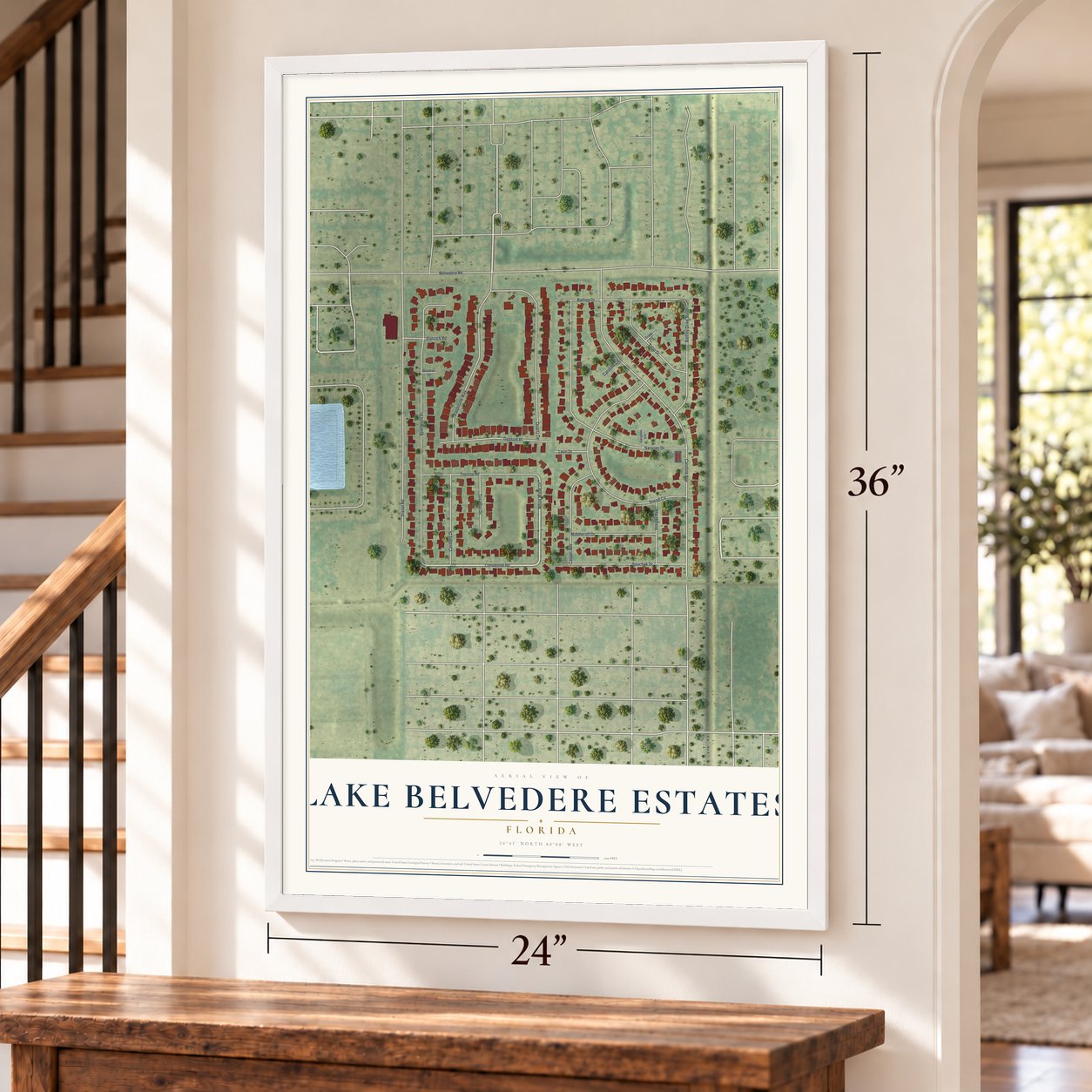 Lake Belvedere Estates, Florida map, 24 x 36 inch print in a white frame by a staircase