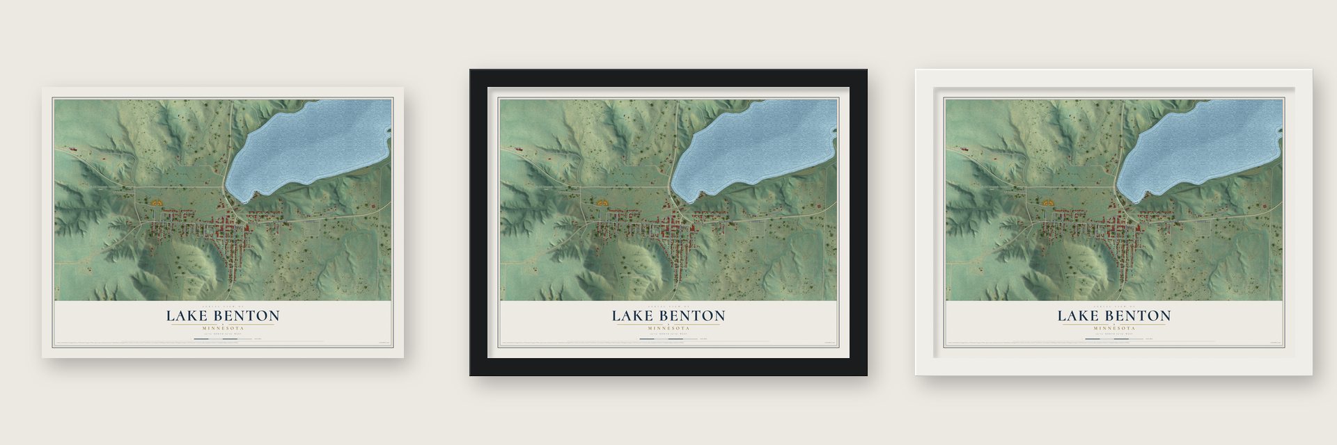 Lake Benton, Minnesota map unframed, in a black wood frame and in a white wood frame