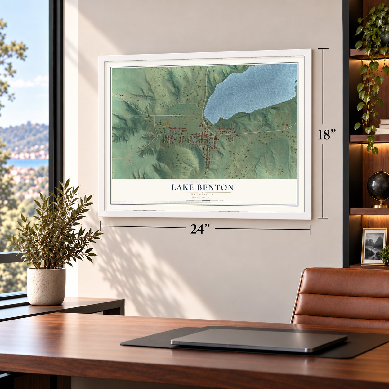 Lake Benton, Minnesota map, 18 x 24 inch print in a white frame in a home office