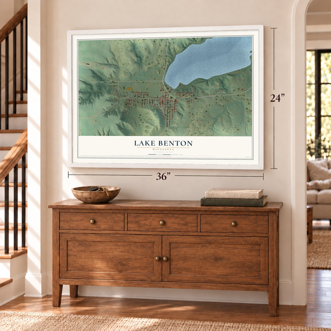 Lake Benton, Minnesota map, 24 x 36 inch print in a white frame above a dresser by a staircase