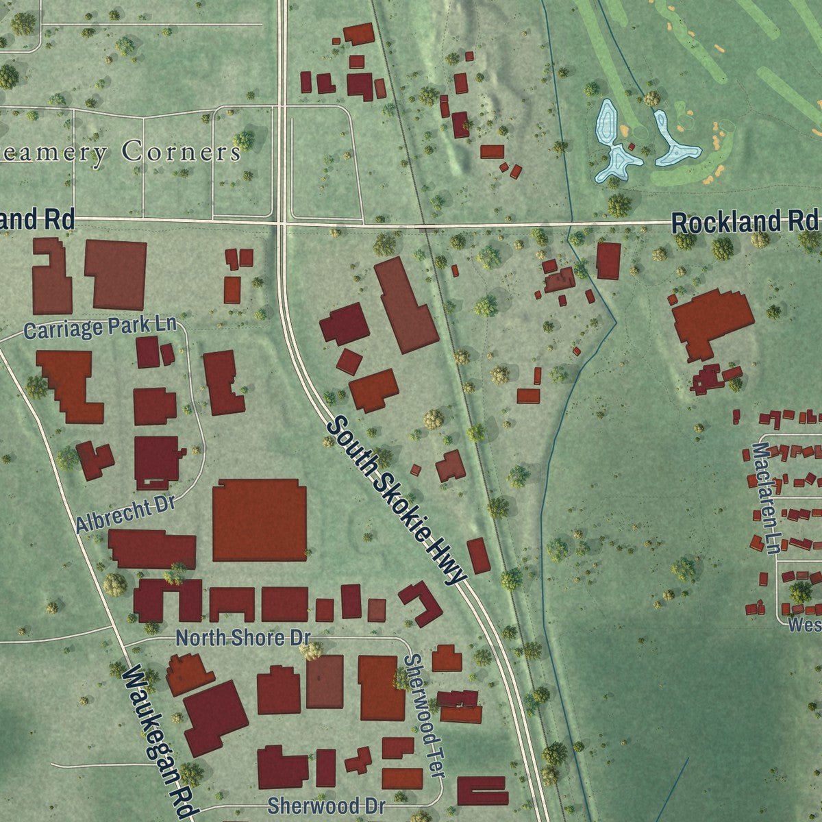 Second close-up of the map of Lake Bluff, Illinois print showing more streets and buildings