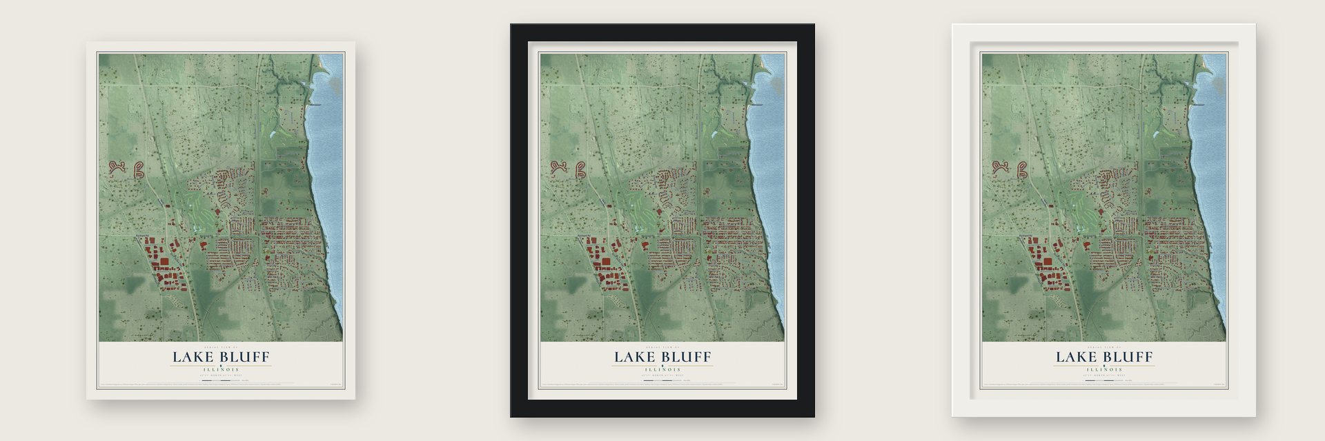 Lake Bluff, Illinois map unframed, in a black wood frame and in a white wood frame