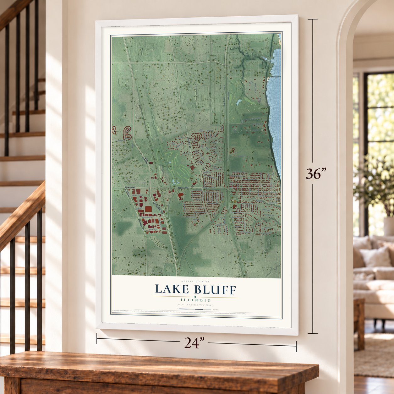 Lake Bluff, Illinois map, 24 x 36 inch print in a white frame by a staircase