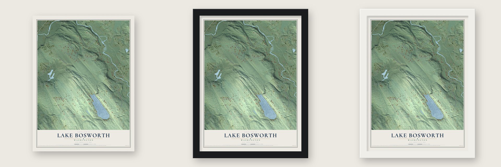 Lake Bosworth, Washington map unframed, in a black wood frame and in a white wood frame