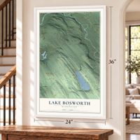 Lake Bosworth, Washington map, 24 x 36 inch print in a white frame by a staircase