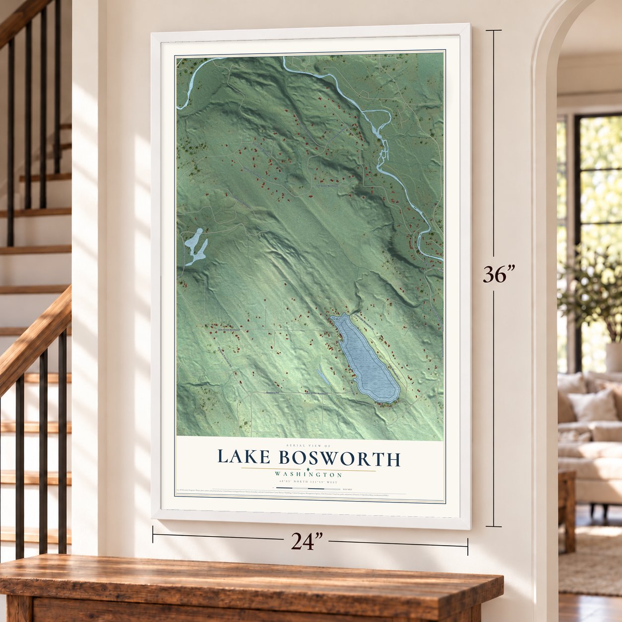 Lake Bosworth, Washington map, 24 x 36 inch print in a white frame by a staircase