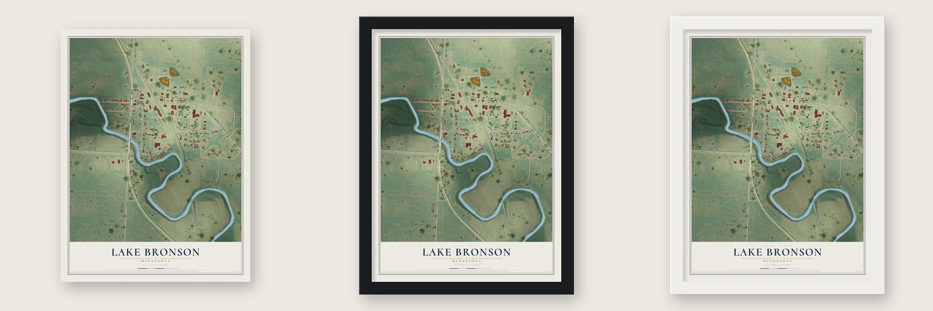 Lake Bronson, Minnesota map unframed, in a black wood frame and in a white wood frame