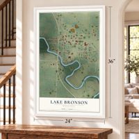 Lake Bronson, Minnesota map, 24 x 36 inch print in a white frame by a staircase