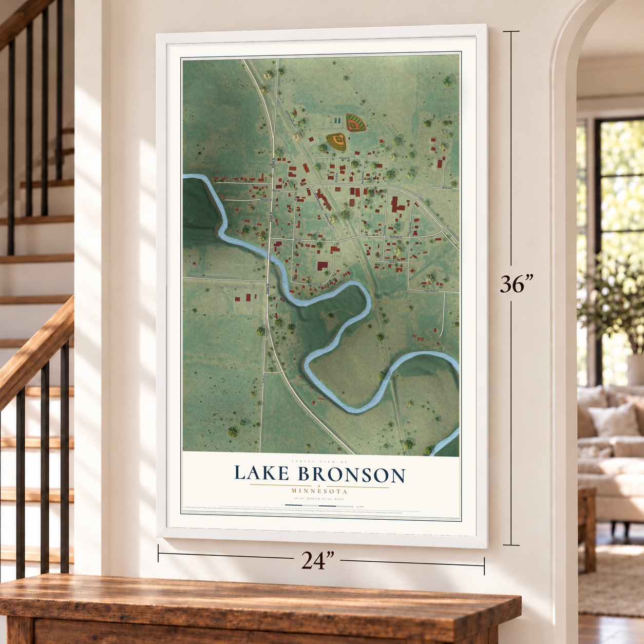 Lake Bronson, Minnesota map, 24 x 36 inch print in a white frame by a staircase