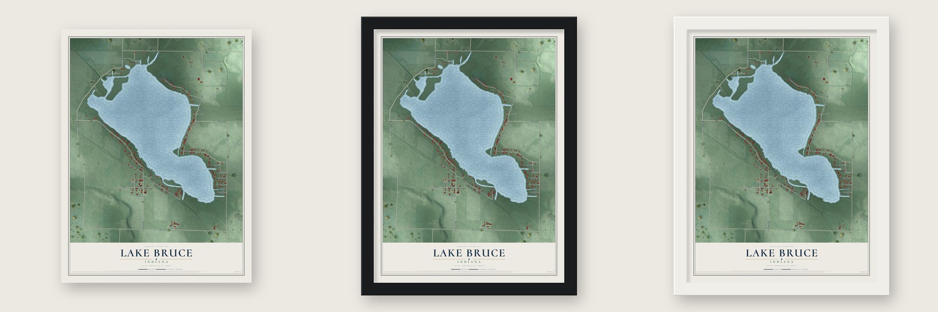 Lake Bruce, Indiana map unframed, in a black wood frame and in a white wood frame