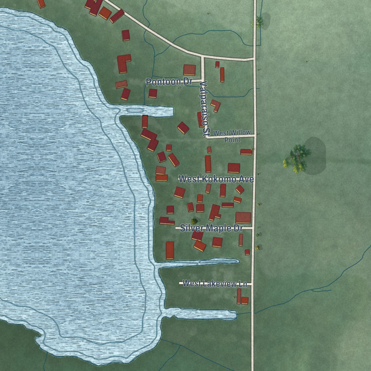 Second close-up of the map of Lake Bruce, Indiana print showing more streets and buildings