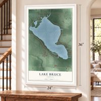 Lake Bruce, Indiana map, 24 x 36 inch print in a white frame by a staircase