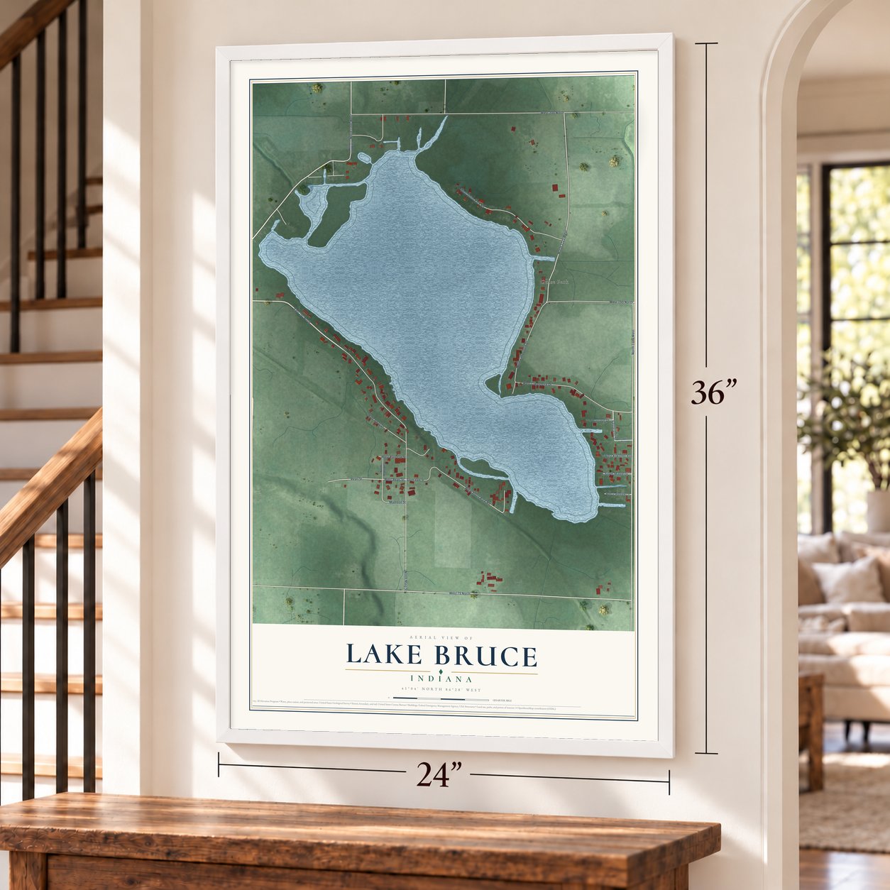 Lake Bruce, Indiana map, 24 x 36 inch print in a white frame by a staircase