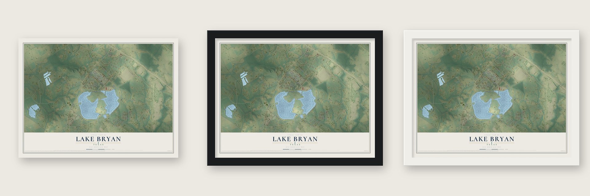 Lake Bryan, Texas map unframed, in a black wood frame and in a white wood frame