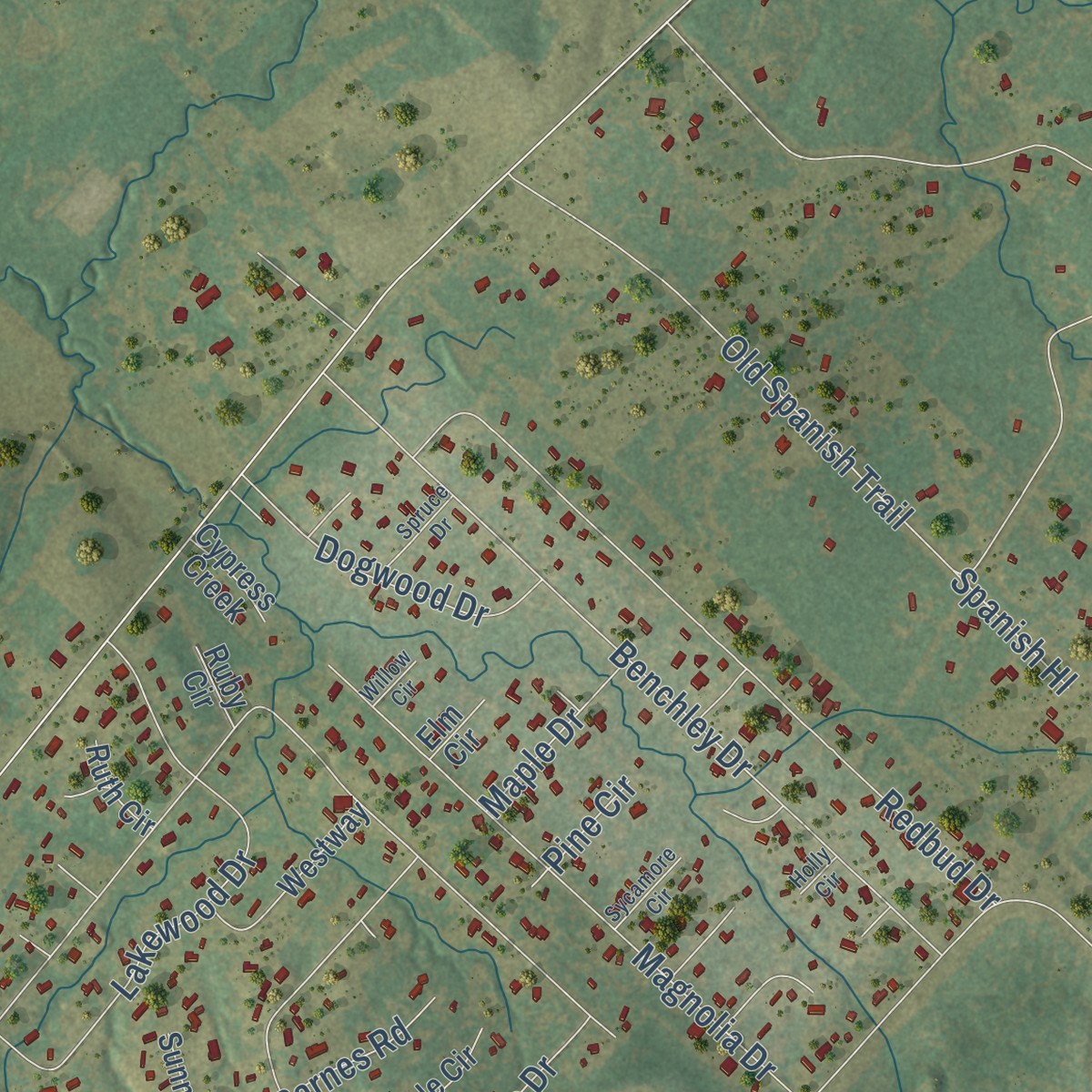 Second close-up of the map of Lake Bryan, Texas print showing more streets and buildings
