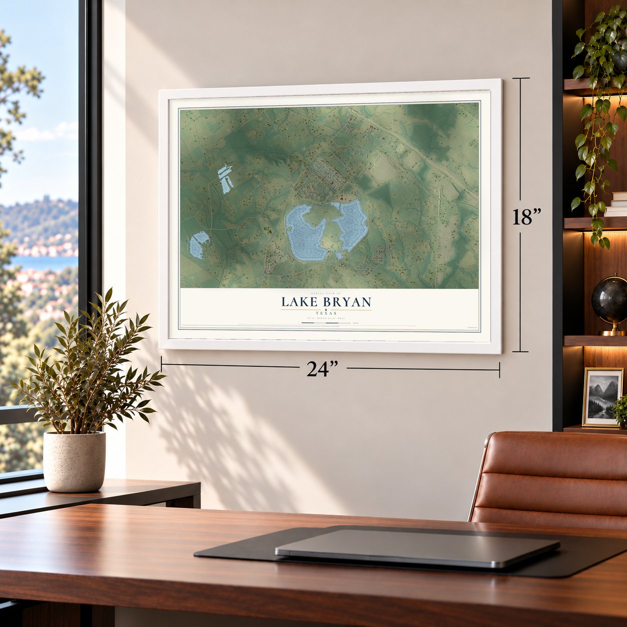 Lake Bryan, Texas map, 18 x 24 inch print in a white frame in a home office