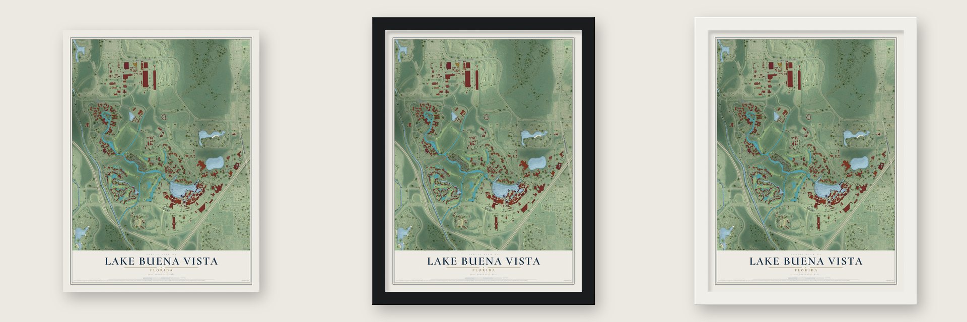 Lake Buena Vista, Florida map unframed, in a black wood frame and in a white wood frame