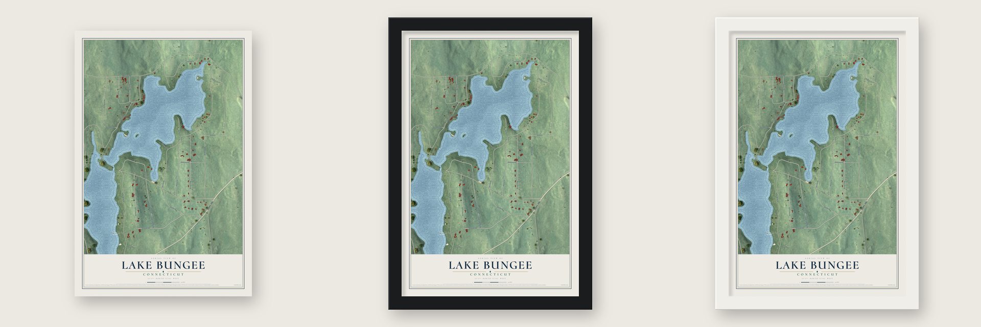 Lake Bungee, Connecticut map unframed, in a black wood frame and in a white wood frame