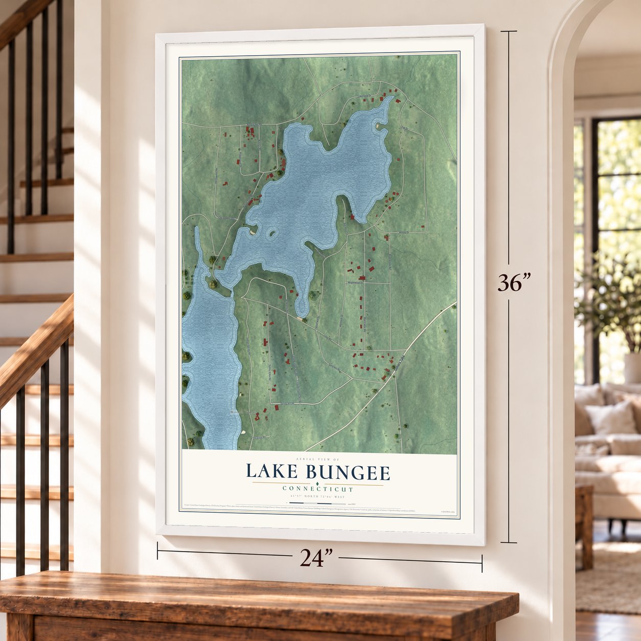 Lake Bungee, Connecticut map, 24 x 36 inch print in a white frame by a staircase