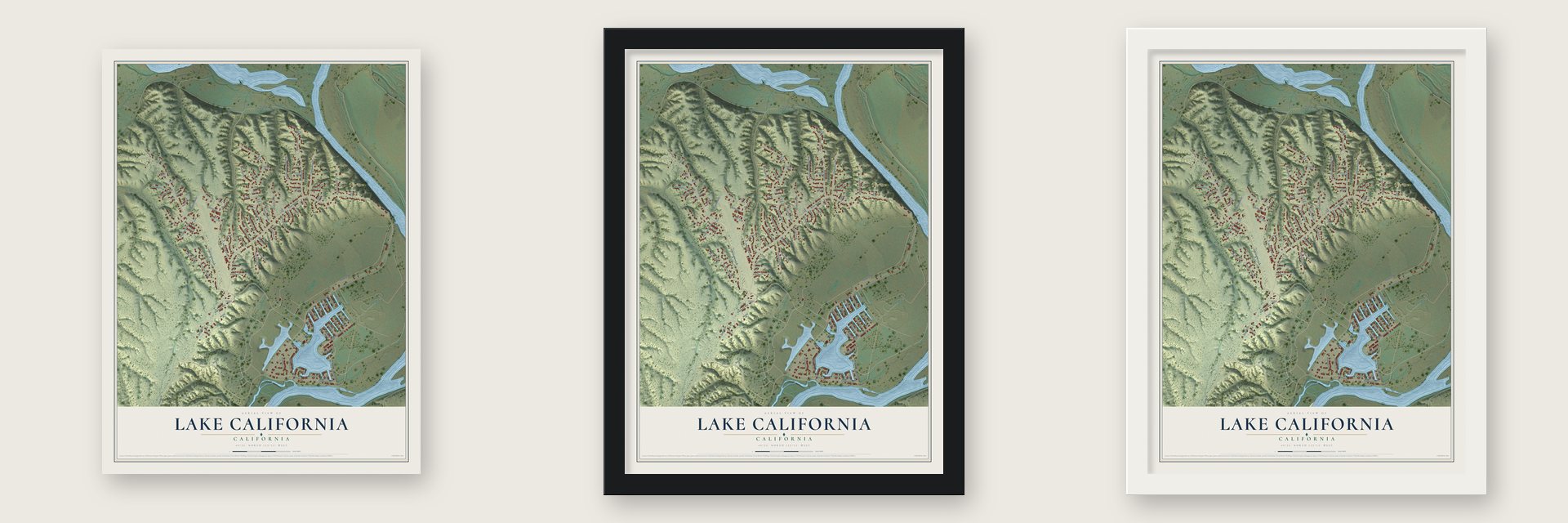 Lake California, California map unframed, in a black wood frame and in a white wood frame