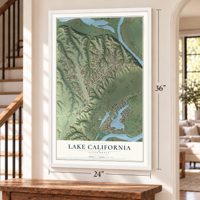 Lake California, California map, 24 x 36 inch print in a white frame by a staircase