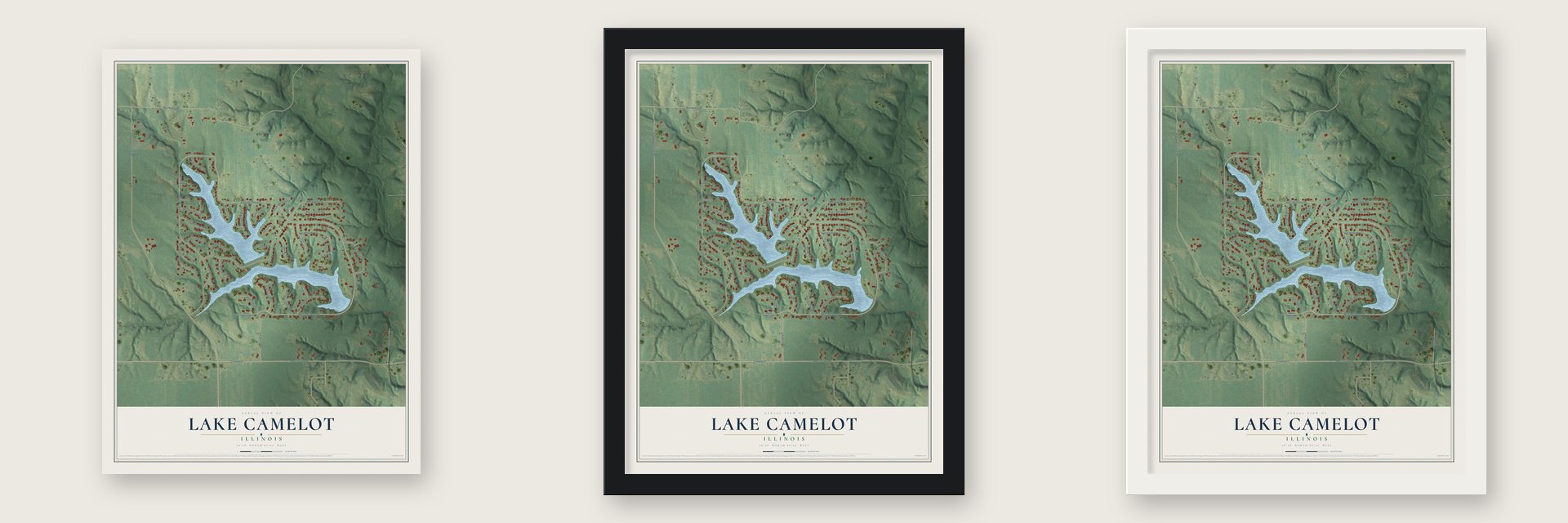 Lake Camelot, Illinois map unframed, in a black wood frame and in a white wood frame