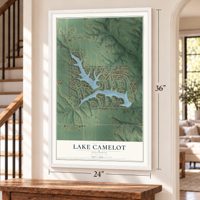 Lake Camelot, Illinois map, 24 x 36 inch print in a white frame by a staircase