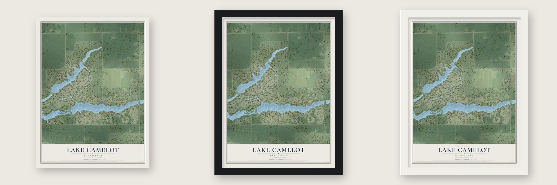 Lake Camelot, Wisconsin map unframed, in a black wood frame and in a white wood frame