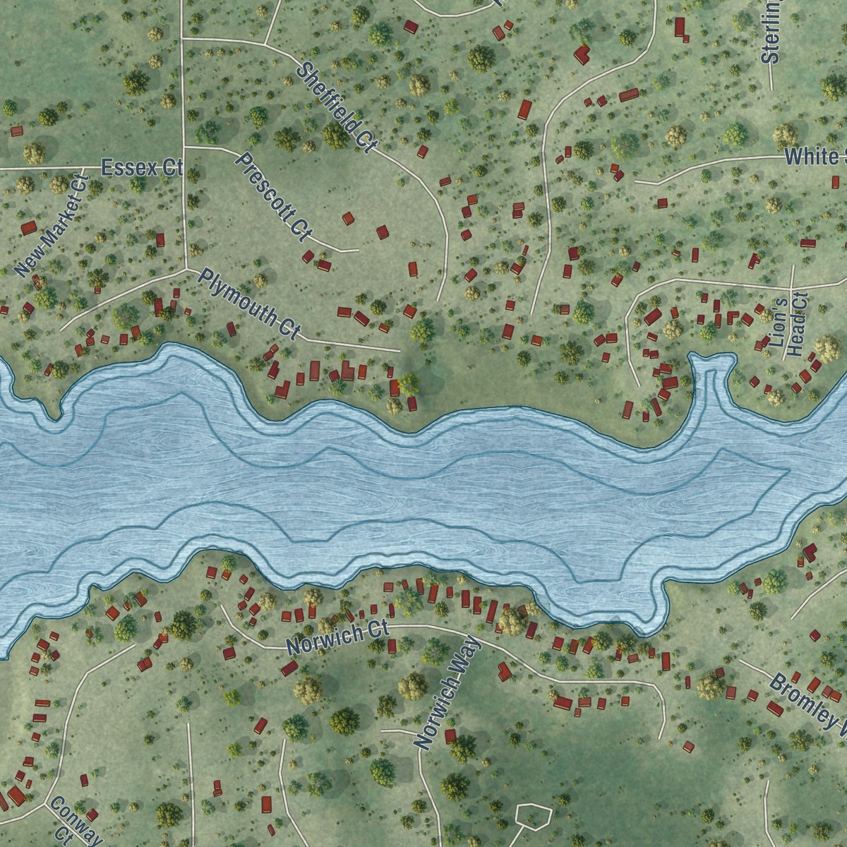Second close-up of the map of Lake Camelot, Wisconsin print showing more streets and buildings