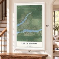 Lake Camelot, Wisconsin map, 24 x 36 inch print in a white frame by a staircase