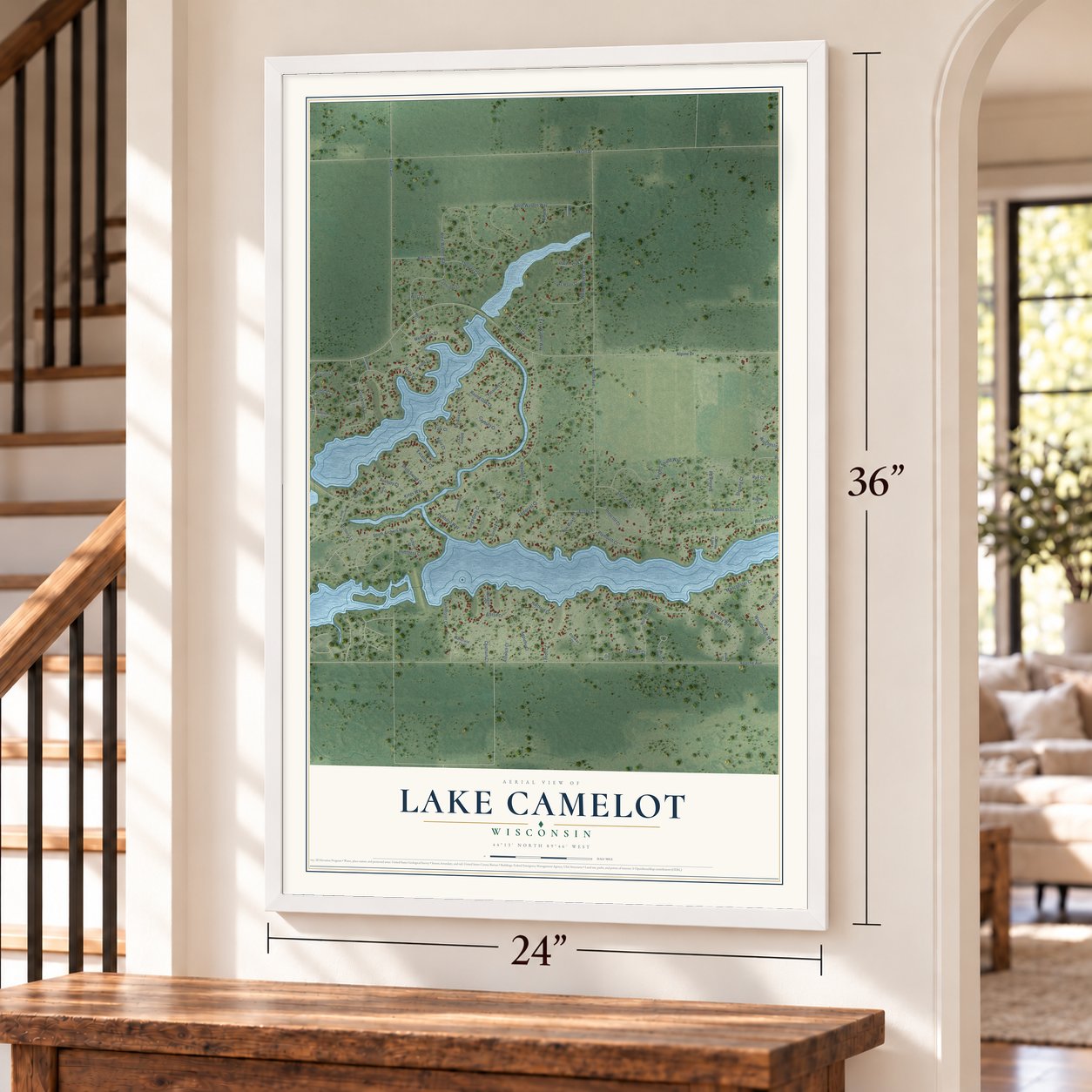 Lake Camelot, Wisconsin map, 24 x 36 inch print in a white frame by a staircase