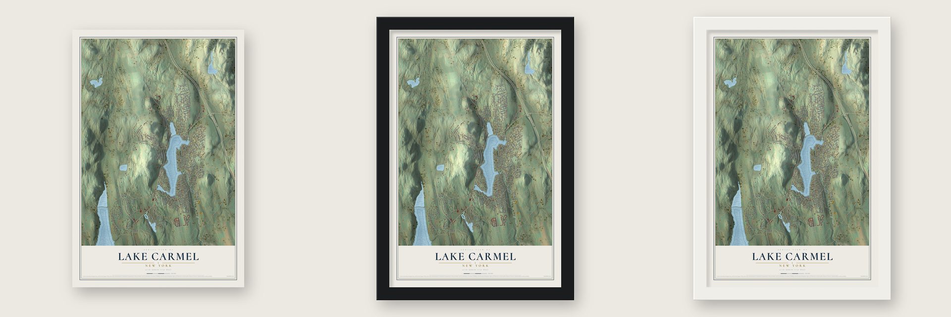 Lake Carmel, New York map unframed, in a black wood frame and in a white wood frame