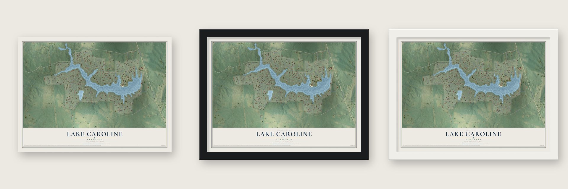 Lake Caroline, Virginia map unframed, in a black wood frame and in a white wood frame