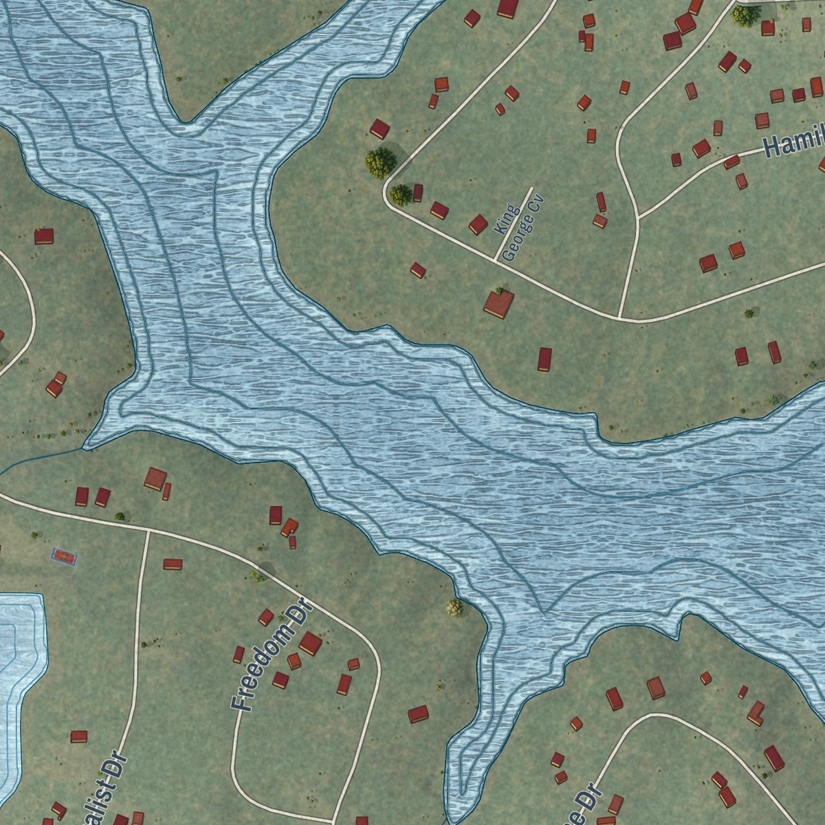 Second close-up of the map of Lake Caroline, Virginia print showing more streets and buildings