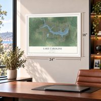 Lake Caroline, Virginia map, 18 x 24 inch print in a white frame in a home office