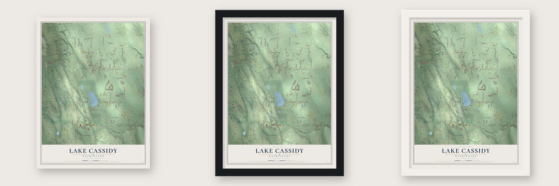 Lake Cassidy, Washington map unframed, in a black wood frame and in a white wood frame